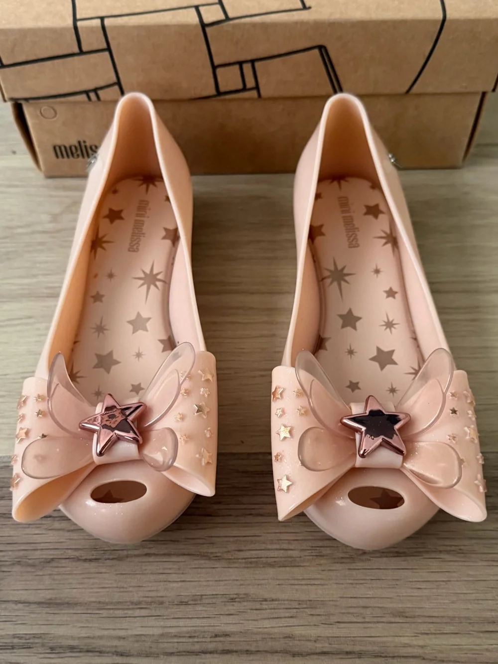 Mini Melissa Blush Pink Ultragirl Star Bow Jelly Flats with Rose-Gold Accents